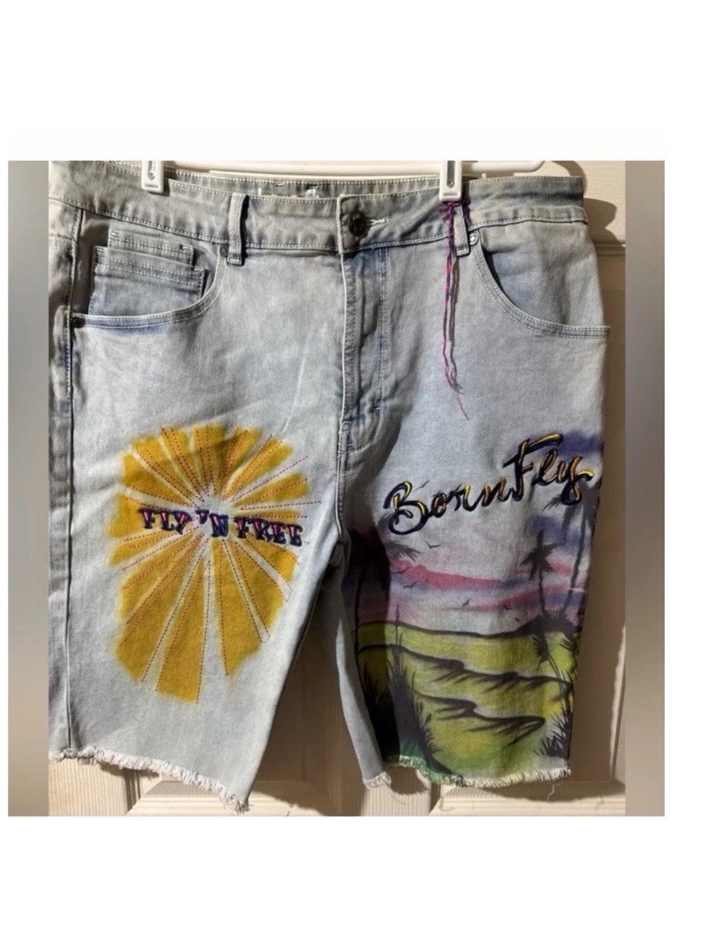 Born Fly Men 36 Denim Distressed Shorts Tropical Vibes Embroidered Graphic Boho